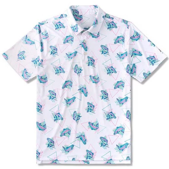 NWT Chubbies the Trout Dipper Performance Polo 2.0 Shirt white blue pink Fish - Picture 1 of 3